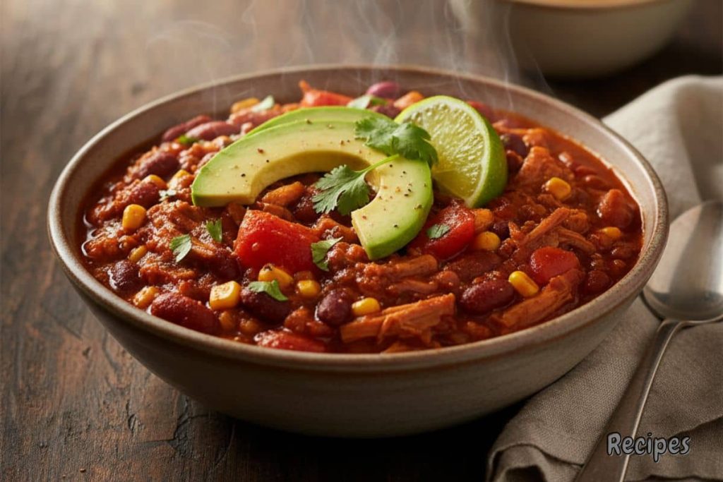 Vegan jackfruit chili with beans, corn, and avocado served in a rustic bowl with lime and cilantro garnish.