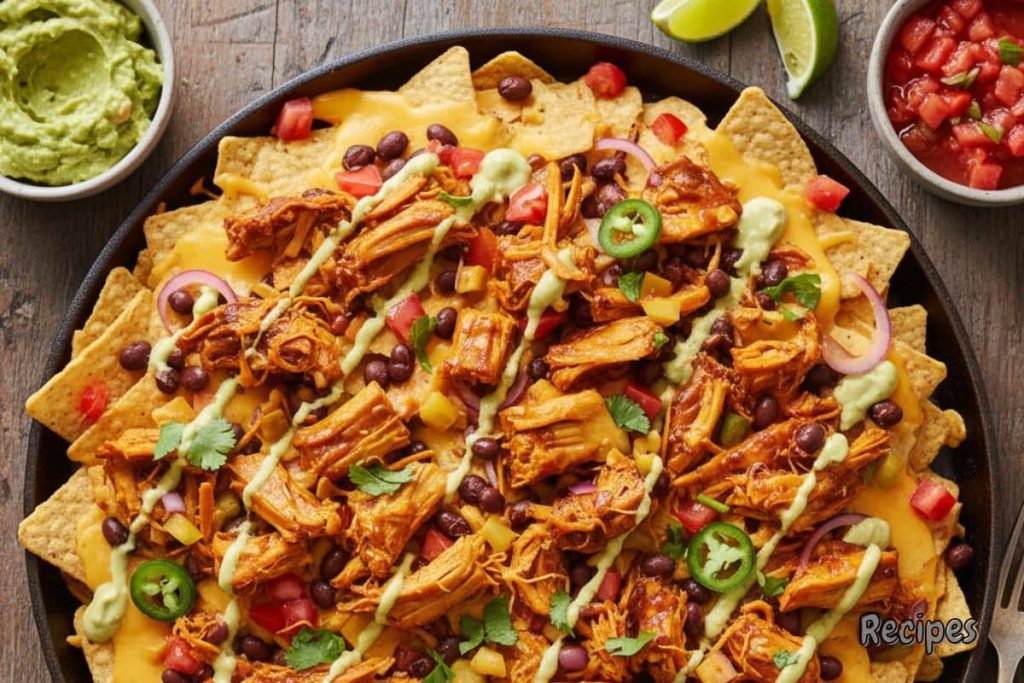 Loaded jackfruit nachos topped with vegan cheese, black beans, jalapeños, and guacamole on a rustic platter.