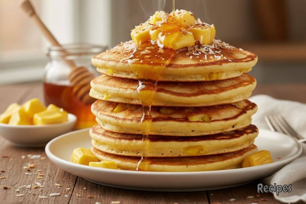 Fluffy jackfruit pancakes stacked with honey drizzle, topped with jackfruit pieces and toasted coconut on a rustic breakfast table.
