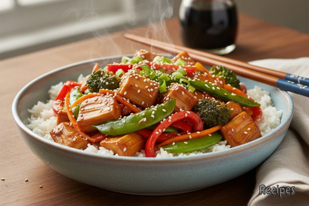 Jackfruit stir-fry with colorful vegetables in soy-garlic sauce served over rice, garnished with sesame seeds and green onions.