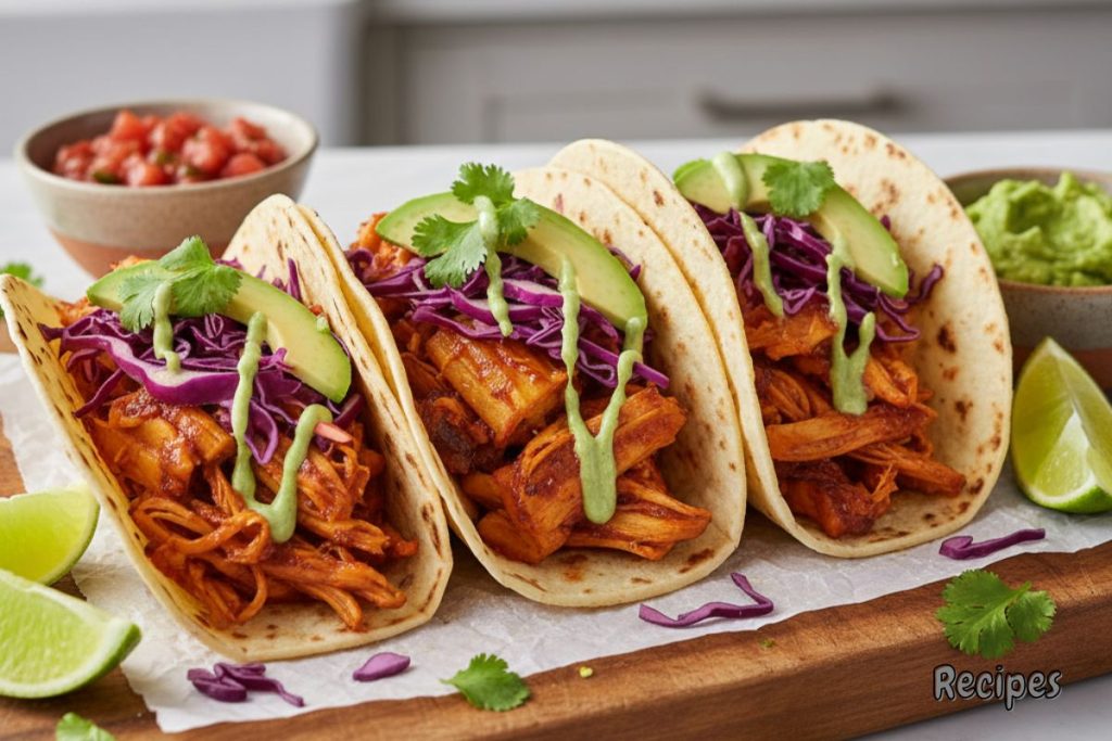 Jackfruit tacos with spicy slaw, avocado slices, and lime wedges served on a rustic wooden board.