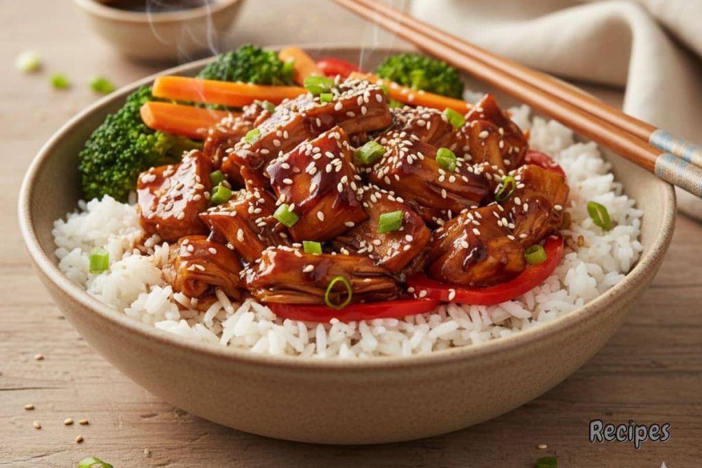 Jackfruit teriyaki rice bowl with steamed broccoli, carrots, sesame seeds, and glossy teriyaki sauce served in a ceramic bowl.