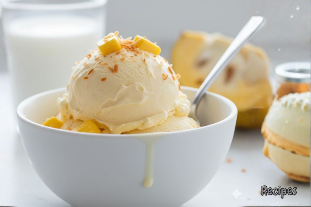 Creamy jackfruit ice cream topped with jackfruit pieces and toasted coconut flakes in a white dessert bowl.