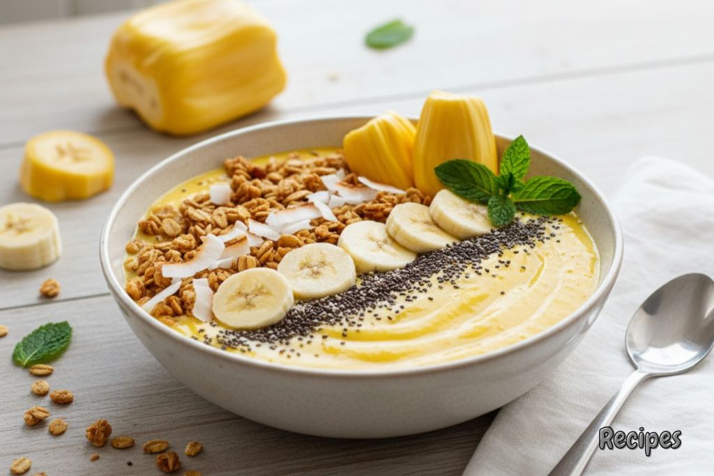 Tropical jackfruit smoothie bowl topped with granola, chia seeds, banana slices, and coconut on a wooden breakfast table.