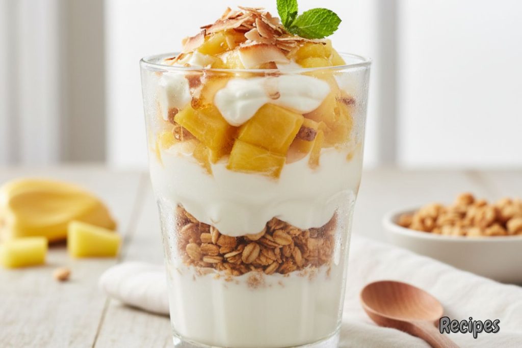Tropical jackfruit parfait layered with Greek yogurt, granola, pineapple chunks, and toasted coconut flakes in a glass.