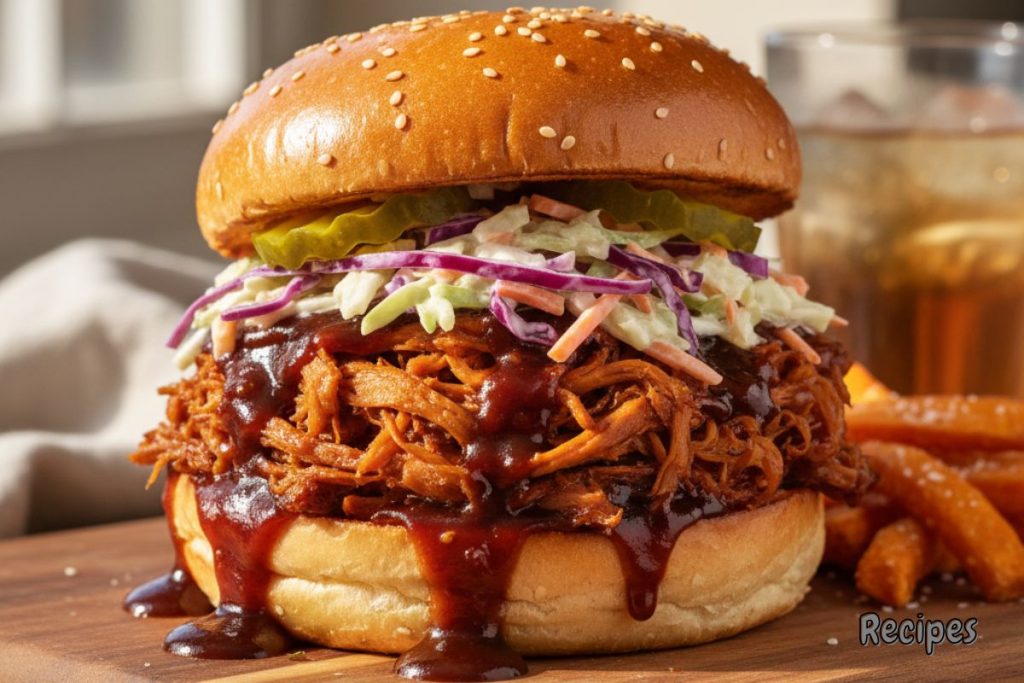 Vegan pulled jackfruit BBQ sandwich with coleslaw on a toasted bun, served with sweet potato fries and BBQ sauce.