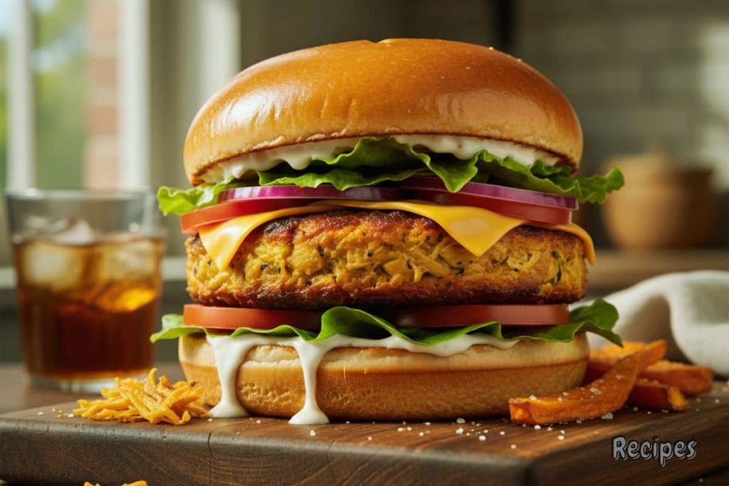 Vegan jackfruit burger with lettuce, tomato, and vegan cheese served on a toasted bun with sweet potato fries.