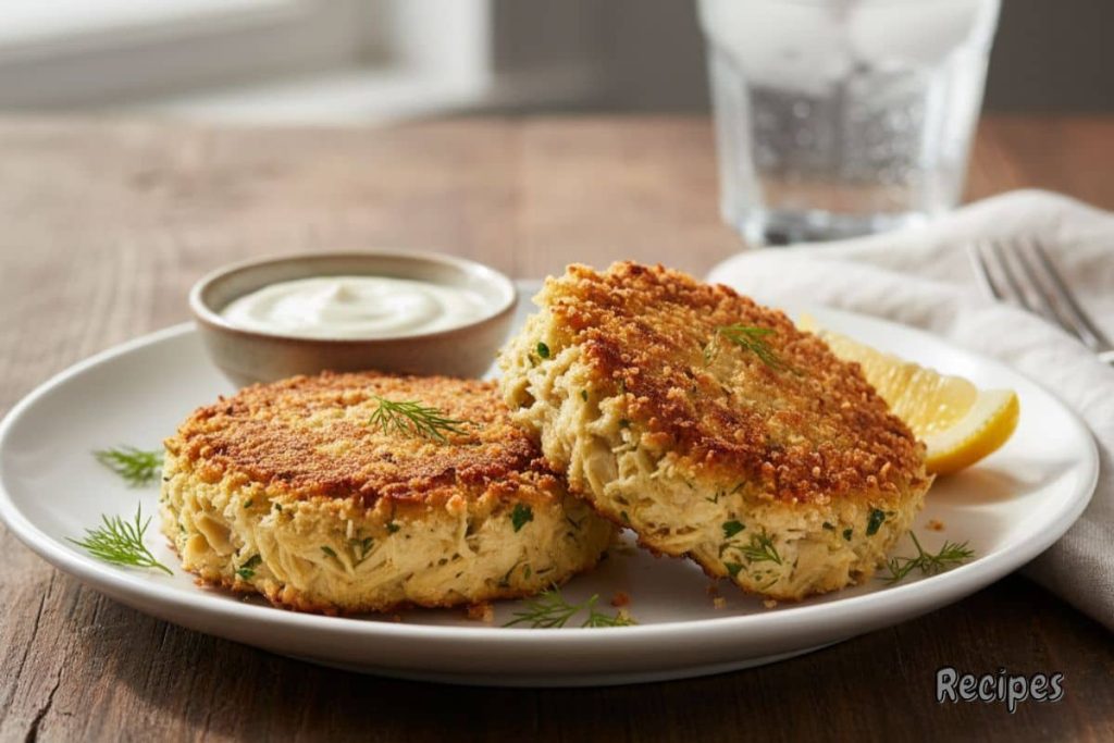 Crispy vegan jackfruit crab cakes served with tartar sauce and lemon wedges on a white plate.