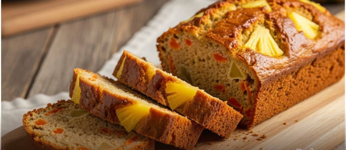 Moist carrot and pineapple bread loaf sliced on board