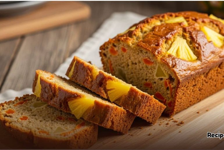 Moist carrot and pineapple bread loaf sliced on board