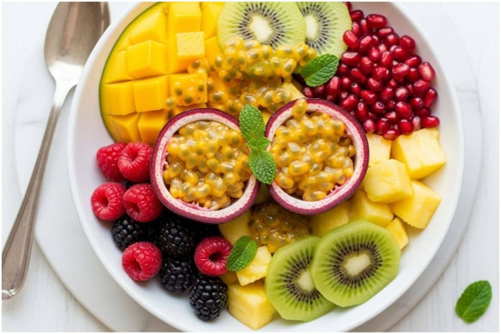 colorful fruit salad with passion fruit pulp and pomegranate seeds served in white bowl